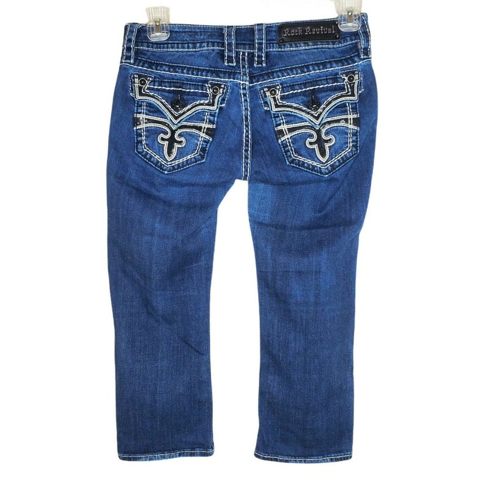 Rock Revival Celine Capri Women's 28 Crop Dark Blue Distressed Bling Low Jeans